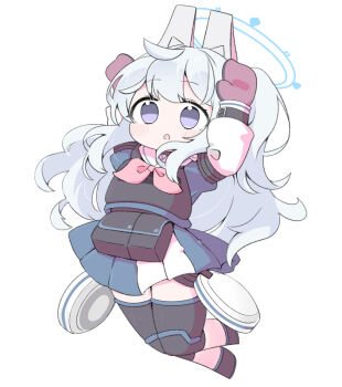 1girl :o arms_up black_boots blue_archive blue_shirt blue_skirt blue_socks blush_stickers boots brown_gloves chibi full_body gloves grey_hair halo headgear long_hair long_sleeves miranofuudoria miyako_(blue_archive) neckerchief one_side_up parted_lips pink_neckerchief pleated_skirt puffy_long_sleeves puffy_sleeves purple_eyes rabbit_pose shirt simple_background skirt socks solo very_long_hair white_background