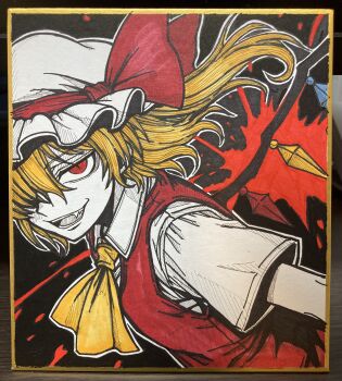 1girl absurdres ascot blonde_hair border bow fang flandre_scarlet hair_between_eyes hair_over_one_eye hat hat_ribbon highres looking_at_viewer mob_cap open_mouth puffy_short_sleeves puffy_sleeves red_eyes red_vest ribbon ryoan_(voyagehermitage) shikishi shirt short_hair short_sleeves side_ponytail smile solo touhou traditional_media upper_body vest wings yellow_ascot