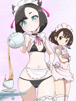 2girls alternate_costume apron asymmetrical_bangs bikini black_bikini black_choker black_hair breasts brown_eyes brown_hair cameltoe choker closed_mouth commentary_request crossed_arms cup enmaided gloria_(pokemon) green_eyes hair_ribbon hand_on_own_hip highres holding holding_teapot looking_at_viewer maid maid_apron maid_bikini maid_headdress marnie_(pokemon) microsd_(pibo) midriff multiple_girls navel neck_ribbon nintendo pink_apron pink_background pink_thighhighs plate pokemon pokemon_swsh pouring ribbon short_hair short_twintails small_breasts standing stomach swimsuit teacup teapot thighhighs thighs twintails unconventional_maid white_apron white_thighhighs wide_hips