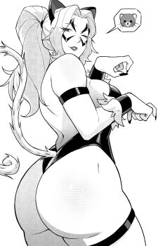 1girl absurdres aneurysm_ax animal_ears ass backless_leotard black_cat_(marvel) breasts cat_ears cat_tail commentary cowboy_shot domino_mask eye_mask fake_animal_ears fake_tail from_side greyscale grin highleg highleg_leotard highres large_breasts leotard looking_at_viewer marvel mask monochrome one_eye_closed paw_pose ponytail smile solo speech_bubble spider-man_(series) spoken_animal standing strapless strapless_leotard symbol-only_commentary tail thigh_strap thong_leotard turning_head very_long_fingernails wristband