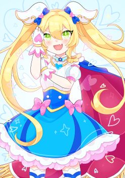 1girl :d absurdres bad_tag blonde_hair blue_background blue_bow blue_cape blue_dress blush bow brooch cape clenched_hand colored_petticoat commentary cosplay cowboy_shot cure_sky cure_sky_(cosplay) detached_sleeves dokibird double-parted_bangs dress dress_bow english_commentary fang fingerless_gloves floating_cape fringe-trimmed_cape fringe_trim gin_gin_gitsune gloves green_eyes hair_between_eyes hair_bow hair_ornament hand_on_own_arm hand_up heart heart_background highres hirogaru_sky!_precure indie_virtual_youtuber jewelry long_hair looking_at_viewer magical_girl medium_dress open_mouth pink_bow precure puffy_detached_sleeves puffy_sleeves red_cape single_bare_shoulder skin_fang sleeveless sleeveless_dress smile solo standing thighhighs twintails two-sided_cape two-sided_fabric two-tone_dress v-shaped_eyebrows very_long_hair virtual_youtuber white_dress white_gloves white_thighhighs wing_brooch wing_hair_ornament zettai_ryouiki