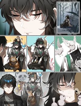 2boys animal animal_on_shoulder bird bird_on_shoulder black_hair black_pants cloak closed_eyes closed_mouth commentary_request deer fox hair_between_eyes highres long_hair male_focus male_rover_(wuthering_waves) meditation monkey multiple_boys nara_nakiri pants qiuyuan_(wuthering_waves) rabbit rover_(wuthering_waves) sitting twitching white_cloak wuthering_waves