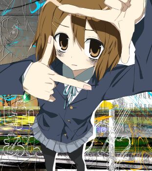 1girl abstract_background bags_under_eyes black_jacket blazer blue_ribbon brown_eyes brown_hair dot_nose dress_shirt exhausted finger_frame from_above grey_skirt hair_between_eyes hair_ornament hairclip hashtag-only_commentary highres hirasawa_yui jacket k-on! neck_ribbon pantyhose parted_lips pleated_skirt ribbon sakuragaoka_high_school_uniform school_uniform shirt short_hair skirt solo uuuuua07 white_shirt winter_uniform