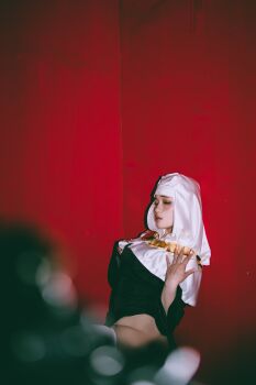 1girl 5y_mmo absurdres black_dress buddhist_nun cosplay cosplay_photo curvy dress fate/extra fate/extra_ccc fate/grand_order fate_(series) gold_necklace highres jewelry necklace photo_(medium) sessyoin_kiara solo thighhighs white_coif white_thighhighs