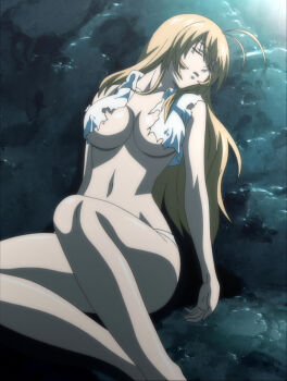 Rule 34 | 00s, 1girl, absurdres, anime screenshot, breasts, closed eyes, fainted, highres, ikkitousen, ikkitousen dragon destiny, large breasts, long hair, navel, orange hair, solo, sonsaku hakufu, stitched, third-party edit, torn clothes, unconscious, underboob