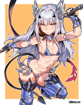 1girl absurdres armor bikini_armor breasts cape cosplay elizabeth_bathory_(brave)_(fate) elizabeth_bathory_(brave)_(fate)_(cosplay) elizabeth_bathory_(fate) fate/grand_order fate_(series) forked_eyebrows gloves highres long_hair looking_at_viewer melusine_(fate) navel pauldrons radishkek red_armor shoulder_armor sidelocks small_breasts solo thighhighs white_hair yellow_eyes