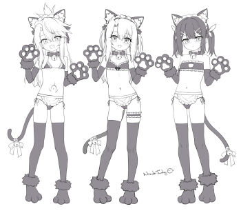 3girls animal_ears black_socks cat_ears cat_girl cat_tail check_copyright chloe_von_einzbern copyright_request fate/kaleid_liner_prisma_illya fate_(series) greyscale highres huoji_(wonderturkey) illyasviel_von_einzbern loli miyu_edelfelt monochrome multiple_girls necktie non-web_source simple_background socks swimsuit tail white_background