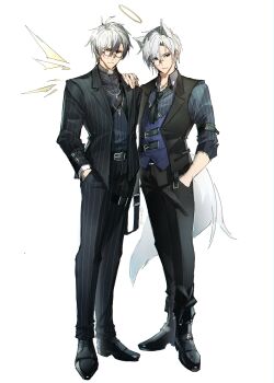 2boys absurdres adnachiel_(arknights) animal_ears arknights black_boots black_jacket black_necktie black_pants black_shirt black_shoes black_vest blue_shirt boots brown_wings clishee collared_shirt commentary detached_wings english_commentary fold-over_boots halo hand_on_another's_shoulder highres jacket male_focus multiple_boys necktie pants pinstripe_jacket pinstripe_pants pinstripe_pattern pinstripe_shirt purple_vest shirt shoes steward_(arknights) tail vest wings