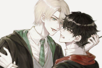 2boys black_hair blonde_hair blood blood_from_mouth blue_eyes collar draco_malfoy face-to-face glasses green_eyes grey_background gryffindor hand_on_another's_arm hand_on_another's_head harry_potter harry_potter_(series) height_difference hogwarts_school_uniform holding holding_wand kakiko_(15626244) looking_at_another lower_teeth_only male_focus multiple_boys necktie parted_lips profile school_uniform shirt short_hair simple_background slytherin striped_necktie sweat sweatdrop teeth upper_body vest wand white_shirt wing_collar wizarding_world yaoi