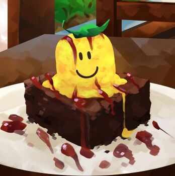 absurdres brownie_(food) chair character-themed_food commentary dessert dripping english_commentary food food_focus highres himochuu ice_cream leaf melting no_humans painterly plate roblox smiley_face table wooden_chair wooden_table