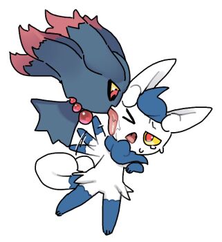 Rule 34 | blue fur, chibikemo, colored sclera, gen 2 pokemon, gen 6 pokemon, licking, meowstic, meowstic (female), misdreavus, nintendo, open mouth, pokemon, pokemon (creature), red eyes, simple background, tosx, two-tone fur, white background, white fur, yellow sclera