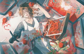 1boy alternate_costume apple apron black_shirt blood blood_splatter broken_glass brown_eyes brown_hair canvas_(object) cigarette curtained_hair facial_mark feet_out_of_frame food from_above fruit glass gregor_(project_moon) head_tilt highres index_finger_raised intestines jing84672940 limbus_company low_ponytail lying male_focus on_back on_ground open_box open_mouth organs paint_palette paint_splatter ponytail project_moon prosthesis prosthetic_arm ring_(identity)_(project_moon) shirt sleeves_rolled_up solo star_(symbol) star_facial_mark towel white_apron