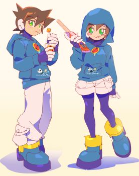 1boy 1girl aile_(mega_man_zx) black_bodysuit blue_hoodie blush_stickers bodysuit bodysuit_under_clothes brown_hair food full_body green_eyes holding holding_food hood hood_down hood_up hoodie kon_(kin219) mega_man_(series) mega_man_zx pants short_hair shorts simple_background tongue tongue_out vent_(mega_man) white_background white_pants white_shorts