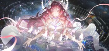 1girl bare_shoulders breasts chinese_commentary commentary_request cyrene_(honkai:_star_rail) cyrene_(ripples_of_past_reverie)_(honkai:_star_rail) diamond-shaped_pupils diamond_(shape) dress halo highres honkai:_star_rail honkai_(series) imyiths large_breasts long_hair pink_hair purple_eyes solo space symbol-shaped_pupils very_long_hair white_dress