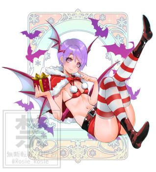 1girl ass bat_(animal) bikini breasts capelet christmas commentary_request darkstalkers demon_girl demon_wings full_body gift head_wings holding holding_gift lilith_(darkstalkers) multicolored_thighhighs purple_eyes purple_hair red_bikini red_capelet red_thighhighs rosie_rosie short_hair small_breasts solo striped_clothes striped_thighhighs swimsuit thighhighs two-tone_thighhighs white_thighhighs wings