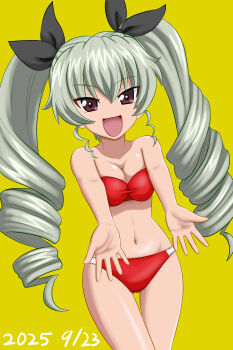 1girl anchovy_(girls_und_panzer) bikini blush breasts brown_eyes drill_hair girls_und_panzer green_hair hair_ribbon large_breasts long_hair megi2009 navel open_mouth red_bikini ribbon simple_background smile solo swimsuit twin_drills twintails yellow_background