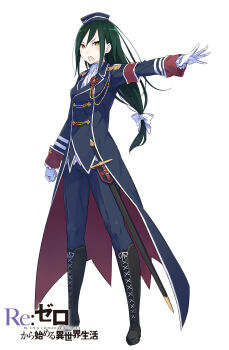 1girl absurdres armband ascot black_boots blue_hat blue_jacket blue_pants blush boots bow breasts clenched_hands commentary_request copyright_name crusch_karsten english_text epaulettes full_body gloves green_hair hair_between_eyes hair_bow hand_up hat highres holding holding_sword holding_weapon jacket long_hair long_sleeves looking_at_viewer medium_breasts official_art ootsuka_shin&#039;ichirou open_hand open_mouth orange_eyes outstretched_arm pants re:zero_kara_hajimeru_isekai_seikatsu red_armband scabbard sheath sheathed sidelocks simple_background solo spread_fingers standing sword tachi-e teeth title tsurime upper_teeth_only v-shaped_eyebrows very_long_hair weapon white_ascot white_background white_bow white_gloves