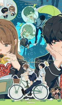 1boy 1girl absurdres brown_hair flat_color highres multiple_girls non-web_source rain short_hair umbrella xiabai