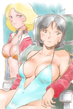 2girls ahoge bikini blonde_hair blue_eyes blue_slingshot_swimsuit breast_envy breasts collarbone collared_jacket commentary_request covered_navel earth_federation frown groin gundam highres jacket kico_factory large_breasts looking_at_viewer lying medium_breasts medium_hair mirai_yashima mobile_suit_gundam multiple_girls narrowed_eyes navel one-piece_swimsuit open_clothes open_jacket orange_bikini pink_jacket sayla_mass sitting slingshot_swimsuit swimsuit
