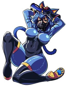 1girl animal_ears black_boots black_gloves blu_pyro_(tf2) blue_bodysuit blue_eyes blue_hair bodysuit boots cat_ears cat_tail commission fake_animal_ears fake_tail flare_gun full_body genderswap genderswap_(otf) gloves holding latex latex_bodysuit latex_gloves looking_at_viewer mask pyro_(tf2) respirator second-party_source shoe_soles short_hair simple_background solo tail team_fortress_2 thigh_boots tina_fate white_background zipper