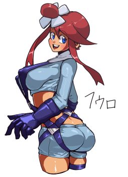 1girl ass blue_eyes blush breasts covered_erect_nipples crop_top dark-skinned_female dark_skin gloves highres large_breasts long_hair long_sleeves nintendo pokemon pokemon_bw primavera_maru red_hair shorts skyla_(pokemon) suspenders thigh_strap