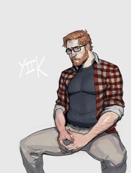 1boy absurdres alex_egglestone arm_hair bara beard belly black-framed_eyewear black_shirt copyright_name facial_hair fat fat_man furrowed_brow glasses highres large_pectorals layered_shirt looking_at_viewer male_focus mature_male mustache nervous open_clothes open_shirt own_hands_together pants pectorals philipposole shirt short_hair simple_background sitting sleeves_rolled_up solo spread_legs t-shirt thick_eyebrows thick_mustache tight_clothes tight_shirt white_background yiik:_a_postmodern_rpg