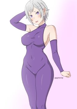 1girl absurdres backless_bodysuit backless_outfit bodysuit braid breasts commentary crown_braid detached_sleeves elf fortuna_(re:zero) grey_hair hair_ornament halterneck highres large_breasts pointy_ears purple_bodysuit purple_eyes purple_ribbon purple_sleeves re:zero_kara_hajimeru_isekai_seikatsu ribbon sephtis short_hair solo standing