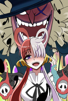 1girl 1other artist_request aura bare_legs black_ribbon black_wings breasts buttons cowboy_shot creature creepy demon devil_fruit dress empty_eyes evil_grin evil_smile eyelashes fangs floating_hair frilled_dress frills gradient_background grin hair_over_one_eye hair_rings hat headphones highres lips long_hair long_sleeves looking_at_viewer multicolored_hair music musical_note neck_ribbon one_piece one_piece_film:_red open_clothes open_mouth puffy_long_sleeves puffy_sleeves purple_eyes red_hair ribbon shaded_face sharp_teeth sidelocks size_difference skull sleeves_past_wrists smile split-color_hair summoning teeth tot_musica_(one_piece) two-tone_hair uta_(one_piece) white_dress white_hair wide_hips wings yandere
