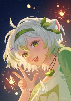1girl :d ahoge animal_ears blush eyeliner ferret_ears ferret_girl fireworks food fruit gradient_hair green_eyeliner green_eyes green_hair hair_between_eyes hairband highres jewelry lime_(fruit) lime_slice limealicious limealicious_(cozy) looking_at_viewer makeup multicolored_hair necklace night open_mouth outdoors shirt smile star_(sky) v vinesauce virtual_youtuber wernope white_hair white_shirt