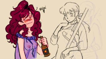 beer_bottle blush bottle bow disheveled drunk grandquest hair_bow holding holding_bottle maison_ikkoku nipples otonashi_kyouko piyo_piyo_apron red_hair roppongi_akemi see-through_clothes