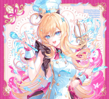1girl ahoge apron blonde_hair border breasts chef chef_hat cryokinesis escoffier_(genshin_impact) fork_hair_ornament fylus genshin_impact hand_up hat heart heart_in_eye holding holding_knife holding_ladle knife ladle long_hair looking_at_viewer mechanical_tail medium_breasts open_mouth pink_border signature smile solo symbol_in_eye tail teeth upper_body upper_teeth_only very_long_hair white_apron white_hat wrist_cuffs