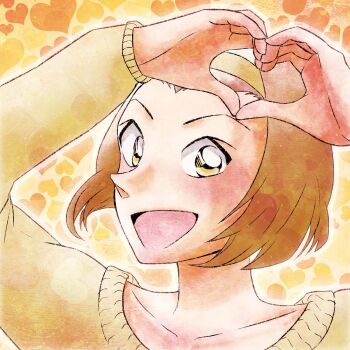 Rule 34 | 1girl, :d, collarbone, commentary request, hairband, heart, heart background, heart hands, highres, long sleeves, looking at viewer, looking to the side, meitantei conan, open mouth, ponblue, portrait, short hair, smile, solo, suzuki sonoko, sweater, yellow background, yellow hairband, yellow sweater, yellow theme