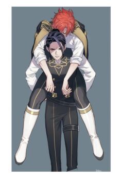2boys belt black_belt black_hair black_pants black_vest boots border buttons carrying carrying_person clenched_teeth closed_eyes cropped_legs felix_hugo_fraldarius fire_emblem fire_emblem:_three_houses garreg_mach_monastery_uniform gold_trim hair_bun jacket jacket_on_shoulders koinn_2 lapels looking_down male_focus multiple_boys nintendo orange_eyes pants piggyback red_hair school_uniform shirt single_hair_bun sleeve_cuffs sleeves_rolled_up sylvain_jose_gautier teeth thigh_belt thigh_strap unconscious vest white_boots white_border white_shirt