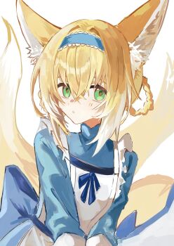 Rule 34 | 1girl, animal ears, arknights, blonde hair, fox ears, fox girl, fox tail, green eyes, hairband, highres, kitsune, kyuubi, looking at viewer, multiple tails, nktg, official alternate costume, solo, suzuran (arknights), tail, white background