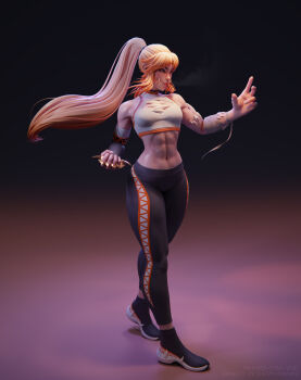 1girl 3d abs absurdres bandages black_footwear black_leggings blender_(medium) blonde_hair bra brass_knuckles cleavage_cutout clothing_cutout fighting_stance from_side full_body glasgow_smile gradient_background highres leggings long_hair monster_girl muscular muscular_female ninjason_chan ponytail scar scar_on_face scar_on_nose sharp_teeth simple_background skin_tight solo sports_bra sportswear standing stomach tanya_(jeremy_anninos) teeth underwear weapon white_bra