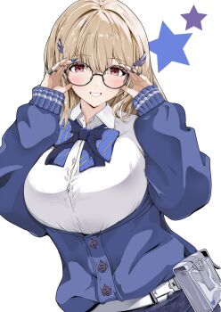 1girl adjusting_eyewear bespectacled black-framed_eyewear blonde_hair blue_bow blue_bowtie blue_cardigan bow bowtie breasts brown_eyes cardigan collared_shirt commentary_request diagonal-striped_bow diagonal-striped_bowtie diagonal-striped_clothes dress_shirt glasses goddess_of_victory:_nikke grin hair_ornament hands_up highres komaki_mk2 large_breasts long_hair looking_at_viewer round_eyewear shirt simple_background smile solo star_(symbol) striped_bow striped_bowtie striped_clothes tia_(nikke) white_background white_shirt