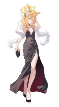 Rule 34 | 1girl, absurdres, alternate costume, animal ear fluff, animal ears, bad id, bad pixiv id, bag, bare shoulders, black dress, blue archive, blue eyes, blush, bracelet, cat ears, chiu538, commentary request, dress, flower, hair between eyes, hair flower, hair ornament, hairclip, halo, handbag, highres, holding, holding bag, jewelry, long hair, looking at viewer, mari (blue archive), open mouth, orange hair, smile, solo, standing, white flower, yellow halo