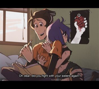 1boy 1girl aged_up american_idiot artist_name beanie bed black_eyes black_hair black_hat black_pants black_thighhighs book commentary cropped_shirt doosio ed_edd_n_eddy edd_(ed_edd_n_eddy) english_commentary english_text fake_screenshot green_day hat holding holding_pencil indoors letterboxed marie_kanker midriff mixed-language_commentary navel one_eye_covered open_book open_mouth orange_shirt pants pencil poster_(object) raised_inner_eyebrows shirt smile spanish_commentary thighhighs torn_clothes torn_thighhighs v-shaped_eyebrows watermark window
