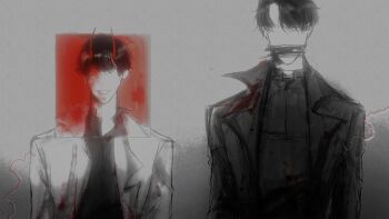 2boys black_hair black_shirt blood blood_on_clothes blood_on_face blood_splatter censored coat collared_shirt demon_horns faceless facing_viewer grin highres horns kim_dokja looking_at_viewer male_focus mq_cg multiple_boys muted_color official_alternate_costume omniscient_reader's_viewpoint open_clothes open_coat popped_collar shirt short_hair smile square upper_body white_coat yoo_joonghyuk