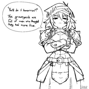 Rule 34 | 1girl, abs, arm guards, armor, bandaged head, bandages, breastplate, crossed arms, english text, fruithead, looking at viewer, monochrome, original, pauldrons, scar, scar on face, shoulder armor, solo