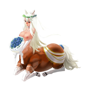 Rule 34 | 1girl, animal ears, bad id, bad pixiv id, blue flower, blue rose, bouquet, breasts, bridal veil, bride, brown eyes, centaur, dress, elbow gloves, female focus, flower, gloves, hair flower, hair ornament, highres, huge breasts, monster girl, nipples, original, otaku (artist), rose, simple background, solo, tail, tail ornament, taur, topless female, veil, wedding dress, white background, white gloves, white hair