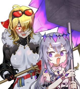 Rule 34 | 2girls, absurdres, blonde hair, evil smile, grey hair, highres, hololive, hololive english, hololive indonesia, kaela kovalskia, kaela kovalskia (1st costume), kenzeeato, koseki bijou, koseki bijou (1st costume), multiple girls, purple eyes, red eyes, scared, smile, sweat, virtual youtuber