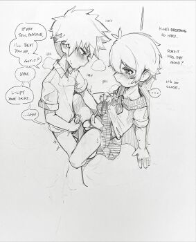 2boys blush english_text graphite_(medium) greyscale highres kodomo_doushi male_focus monochrome multiple_boys original penis renocoffee shota speech_bubble traditional_media yaoi