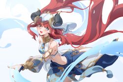 Rule 34 | 1girl, :d, absurdres, bare shoulders, blue eyes, blue skirt, brooch, detached sleeves, genshin impact, highres, horns, jewelry, long hair, long sleeves, looking at viewer, midriff, neck ring, nilou (genshin impact), open mouth, red hair, skirt, smile, solo, summer (724788381), veil, very long hair