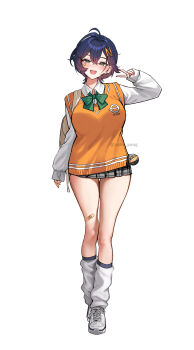 1girl absurdres ahoge alternate_costume backpack bag bandaid bandaid_on_knee bandaid_on_leg belle_(zenless_zone_zero) blue_hair bow bowtie breasts commentary_request facial_mark full_body green_bow green_bowtie hair_ornament highres kneehighs large_breasts letter_hair_ornament long_sleeves looking_at_viewer loose_socks open_mouth orange_sweater_vest school_uniform shirt shoes short_hair simple_background socks solo standing star_(symbol) star_facial_mark sweater_vest thigh_gap thighs v vest white_background white_shirt white_shoes white_socks yuna_(deadawon) zenless_zone_zero