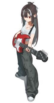 1girl absurdres baggy_pants bra_visible_through_clothes breasts brown_hair collarbone commentary esnowg full_body grey_hair grey_pants guitar highres instrument jewelry long_hair medium_breasts midriff multicolored_hair music necklace original pants playing_guitar playing_instrument red_eyes shirt short_sleeves simple_background solo standing streaked_hair white_background white_shirt