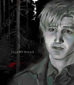 Rule 34 | 1boy, blood, coat, commentary, english commentary, highres, james sunderland, male focus, medium hair, monochrome, outdoors, shirt, silent hill (series), silent hill 2, solo, title, tumultuosa tt, upper body