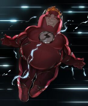 1boy blonde_hair bodysuit cleft_chin closed_mouth commentary cosplay dc_comics english_commentary family_guy fat fat_man highres kowai_(iamkowai) male_focus peter_griffin red_bodysuit solo the_flash the_flash_(cosplay) the_flash_(series)