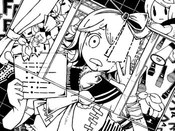 1girl aaaaaaaaaaaa_(vocaloid) alternate_costume asymmetrical_clothes bandaged_wrist bandages bleeding blood character_doll co8 commentary_request curtains doll dutch_angle frown furrowed_brow greyscale grid_background hair_ribbon hands_up holding holding_sign kagamine_rin looking_at_viewer microphone monochrome morse_code one_eye_covered open_mouth ribbon rubber_duck sailor_collar self-harm_scar short_hair sign solo translation_request upper_body vocaloid wide-eyed window wrist_cutting
