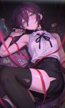 1girl absurdres armpits black_hair black_ribbon black_shorts black_thighhighs blood blood_bag blush breasts chainsaw_man commentary feet_out_of_frame green_eyes grenade_pin hair_between_eyes highres long_hair_between_eyes looking_at_viewer lying medium_breasts neck_ribbon on_back open_mouth pill red_ribbon reze_(chainsaw_man) ribbon shirt shirt_tucked_in shorts side_slit side_slit_shorts sleeveless sleeveless_shirt small_breasts smile solo thighhighs thighs torn_clothes torn_thighhighs white_shirt yamu_(yamu_030)